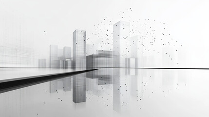 Abstract city skyline reflected on a calm surface