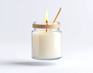 Floating Candle Jar with Lit Flame and Matchstick Against a Clear White Backdrop