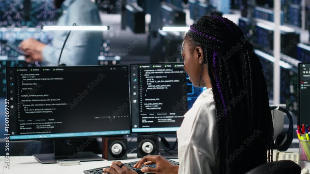 Fototapete technicians in data center review ai diagnostics, analyzing neural network performance to maintain o