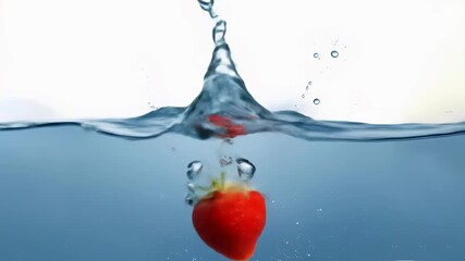 A strawberry falling into water creating a splash with a bright white and blue background scene view - Powered by Adobe