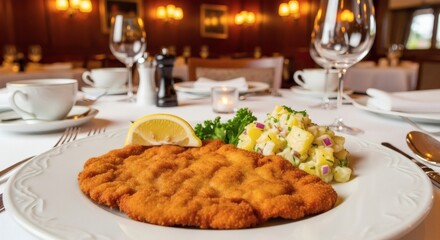 A schnitzel with potato salad and lemon wedge on a white plate in a restaurant setting with cups and glasses