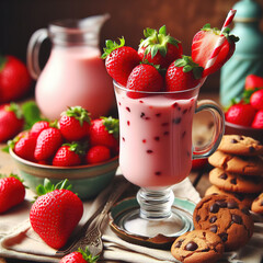 Strawberries and yogurt cup glass fruit and cookies breakfast snack food
