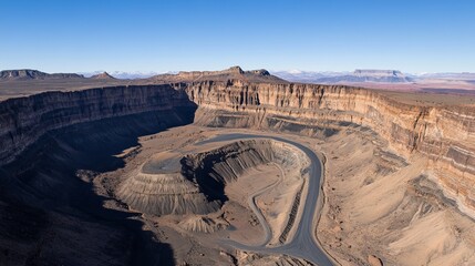 High-angle desert canyon with winding road