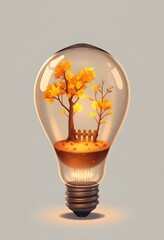 A whimsical illustration of autumn trees and a fence inside a lightbulb.