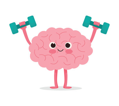 Cute strong brain character lifting up dumbbell for brain training exercise concept
