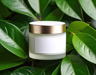 Cosmetic Cream Jar With Gold Lid And Blank Label Surrounded By Green Leaves