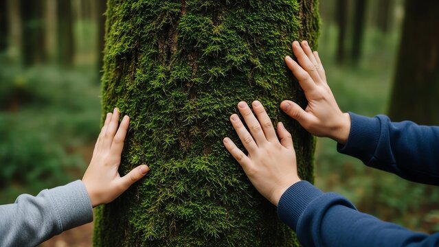 Hands touching a mossy tree trunk in a lush green forest nature scene - Powered by Adobe