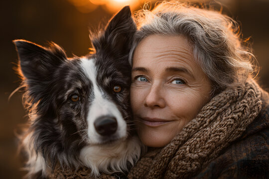 Thoughtful senior woman shepherd with her border collie dog on a sunny farm - Powered by Adobe