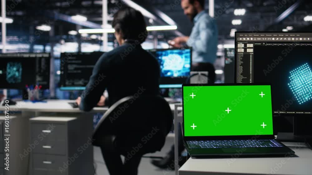 Fototapete data center engineer working on neural network software development on chroma key laptop. server roo
