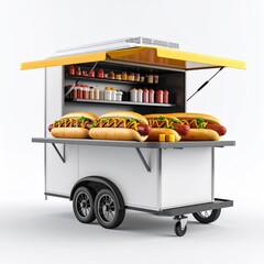 Hot Dog Stand On Wheels With Mustard And Condiments Displayed Against White Background