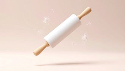 Floating Rolling Pin Mockup With Flour Dust Isolated on Creamy Backdrop