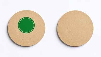 Kraft Round Sticker Mockup With Green Stamp Isolated On White Background