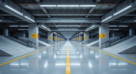 Modern underground parking garage interior with ramps and directional signs.