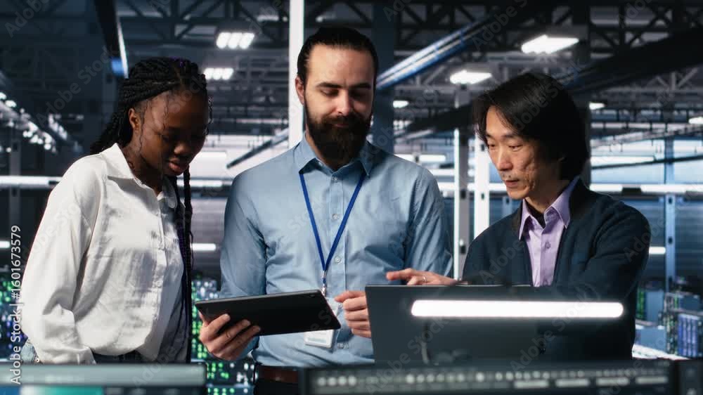 Poster happy data center colleagues collaborating on neural network software development. cheerful teamwork