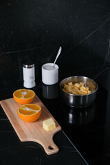 Ingredients for recipe of toast with pumpkin caramelized in orange juice