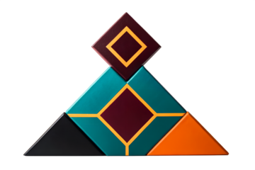 Abstract geometric illustration showcasing layered crystalline forms with polished metallic surfaces and luminous teal-orange gradients. Modern digital elegance.