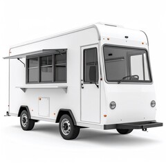 Modern White Food Truck Mockup Isolated on White Background with Open Service Windows and Clean Design