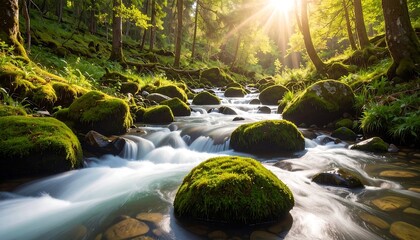 Stream Flowing Through Forest with Mossy Rocks in Sunlight