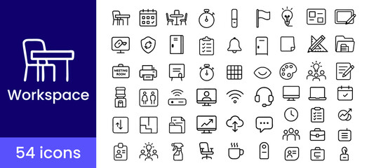 Workspace and office icon set with 54 minimal line illustrations including desk, chair, meeting, calendar, monitor, teamwork, printer, lightbulb, coffee, and file symbols for business tools and remote