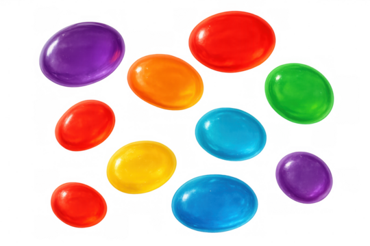 Vibrant rainbow candies floating against a transparent background, creating a playful and colorful composition