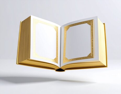 Open Gold Etched Book Mockup Floating Against White Background Showing Blank Pages