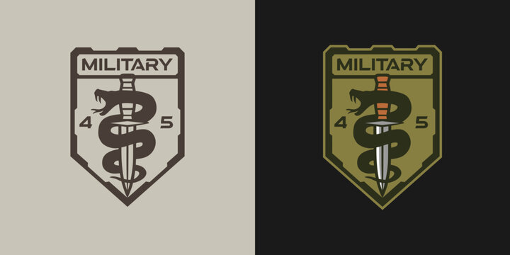 A tactical military shield logo featuring a viper coiled around a dagger.
The design combines strength and precision, symbolizing readiness and danger. Suitable for military or tactical gear branding