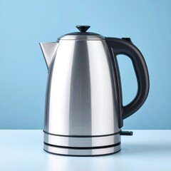 Stainless Steel Electric Kettle with Black Handle and Matte Base on a Soft Blue Backdrop