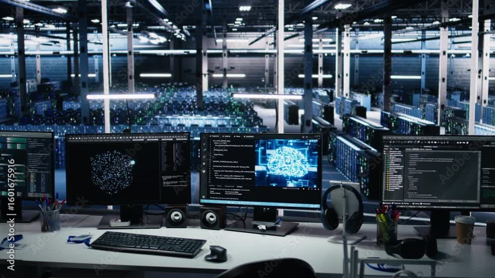 Poster data center pc screens monitoring backend hardware performance used in ai llm model development and 