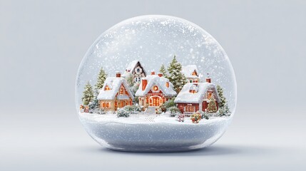 A miniature winter village scene with snow-covered houses inside a glass snow globe, snowfall