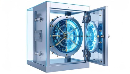 Transparent Glass Vault Displaying Digital Assets And Glowing Interior Representing Fintech Transparency