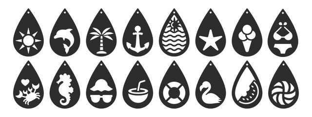 Set of cute summer designs for earrings, pendant or keychain. Beach theme jewelry templates. Laser cut with leather, wood or metal. Vector stencils of hanging bijouterie. Vacation jewellery silhouette