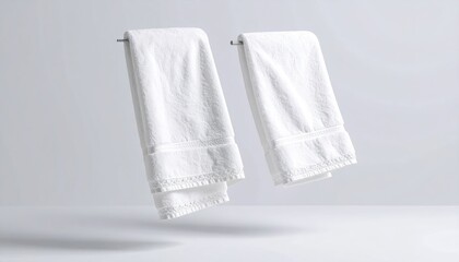 Two White Fluffy Hand Towels With Lace Borders Floating On Clean White Background