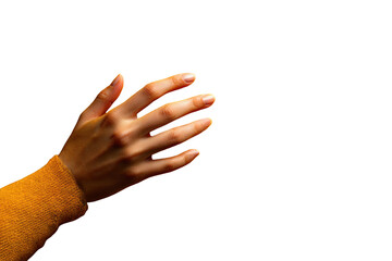 Reaching female hand with open palm in expressive gesture, demonstrating interaction or offering, on transparent background