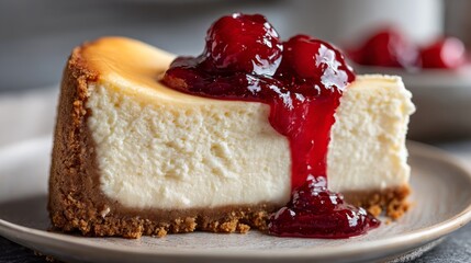Close-up of a slice of classic New York cheesecake, cut cleanly to reveal its dense, creamy interior and graham cracker crust.