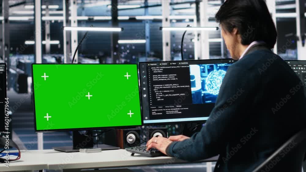 Poster data center programmer using green screen pc monitor, using ai. man in tech startup office using art