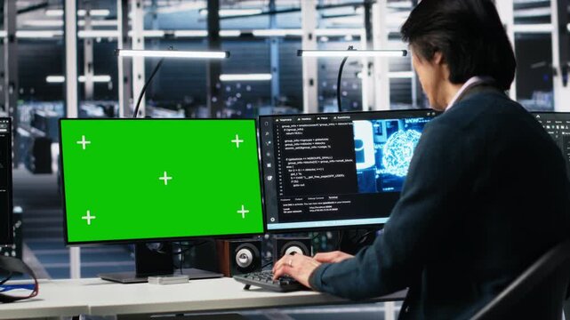 Data center programmer using green screen PC monitor, using AI. Man in tech startup office using artificial intelligence on chroma key computer to oversee servers powering deep learning, camera A