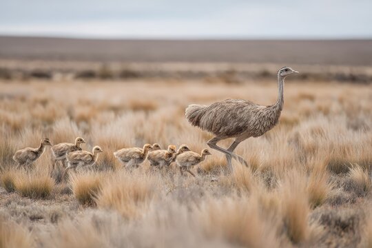 A male Darwin s Rhea running in a dry Patagonian field with ten chicks in Peninsula Vald&eacute;s Chubut Argentina