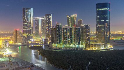 Buildings on Al Reem island in Abu Dhabi day to night timelapse from above. © HyperlapsePro