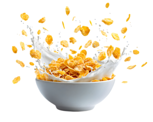 Cornflakes falling into bowl of milk breakfast cereal snack closeup