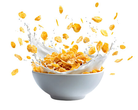 Cornflakes falling into bowl of milk breakfast cereal snack closeup