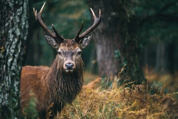 A majestic red deer groomed itself among trees and tall grass in the forest