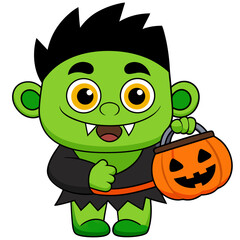 Vector art of a cheerful cartoon frankenstein monster carrying a pumpkin candy bucket
