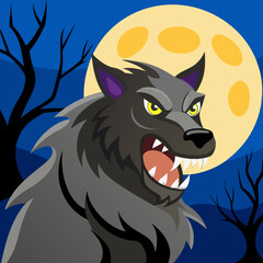 Vector art of a menacing werewolf growls under the light of the full moon on halloween