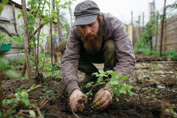 A man cultivated gooseberries in his garden during spring