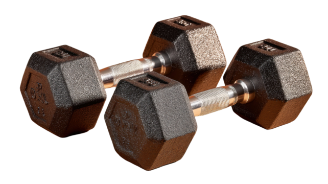 Close-up studio shot showcasing pair of iron dumbbells against transparent backdrop