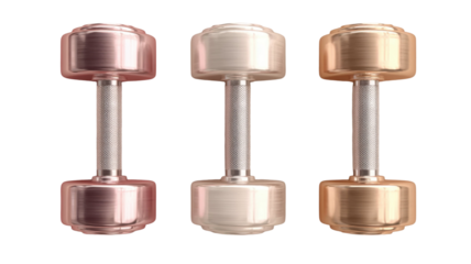 Elegant dumbbells in gold, silver, and rose gold on a sleek transparent background
