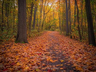 Obraz premium Autumn leaves cover a forest path. AI.