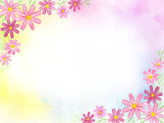 水彩で描いたコスモスのフレーム　水彩背景