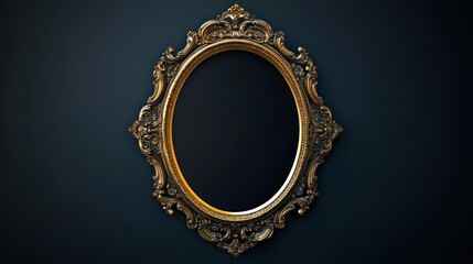 Ornate gold frame, dark background, mockup, empty, elegant, design, oval, wall, studio, art