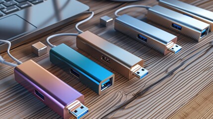 Metallic USB Hubs in Various Colors on Wooden Desk Setup